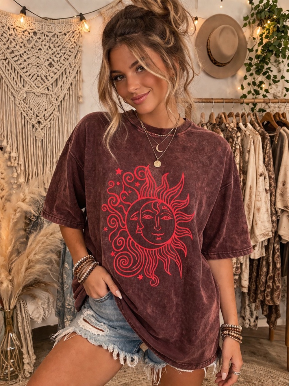 Rhea Sun Moon Graphic Tee XL Maroon Acid Wash Boho Cotton T-Shirt NWT